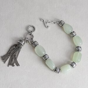 Brighton Jade Beaded Toggle Closure Bracelet Tassel Retired 7-8" Silver Plate